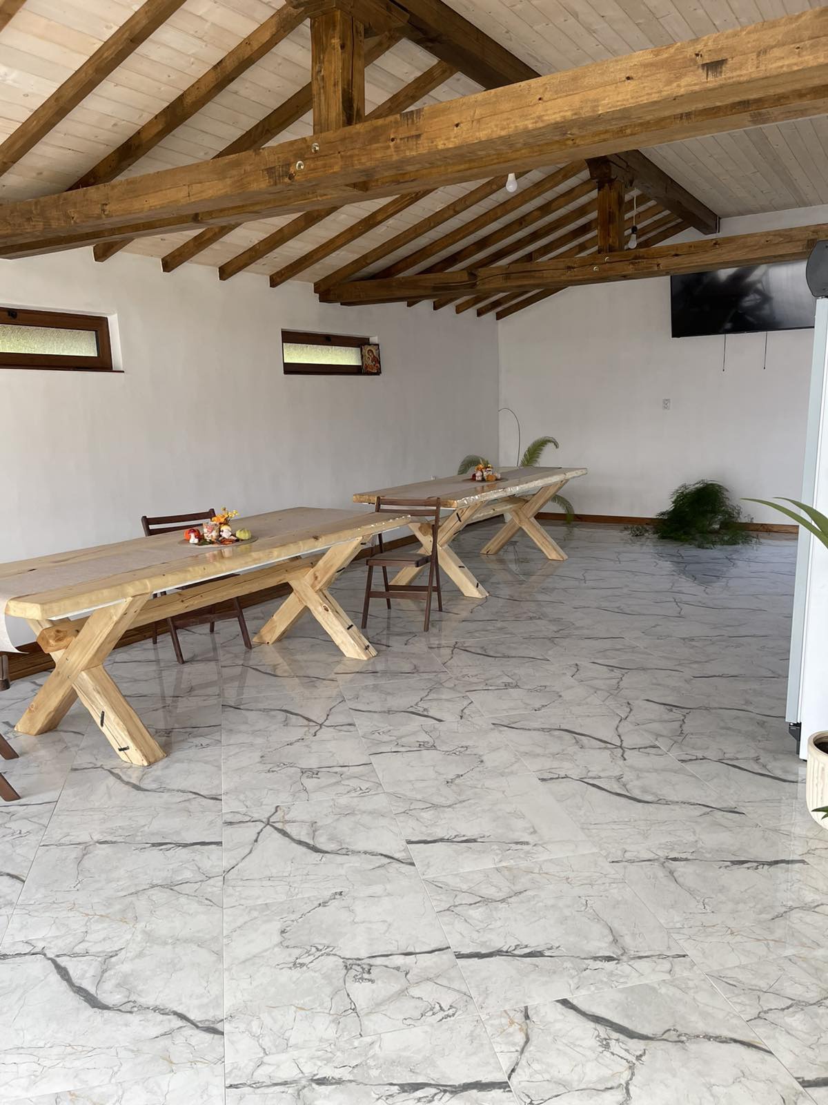 Dining hall with wooden tables